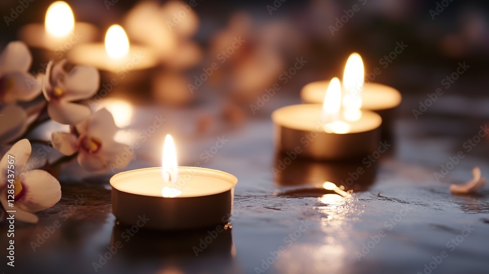 Poster softly glowing candles surrounded by delicate flowers creating a warm and inviting ambiance : genera