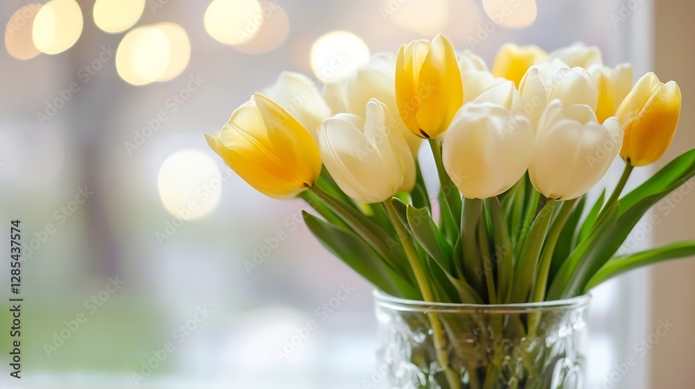 Aufkleber charming bouquet of white and yellow tulips on a soft blurred background filling the scene with warm