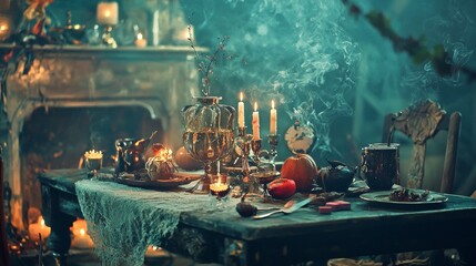 Vintage dinner table with candles and fresh food