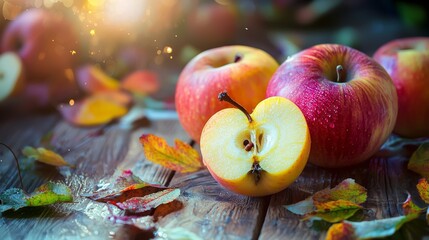 Autumn apples on rustic wooden surface with leaves