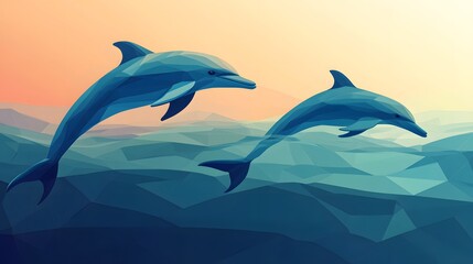 Two dolphins swimming playfully, vibrant blue ocean, soft sunset colors, perfect for marine life themes, joyful and energetic.