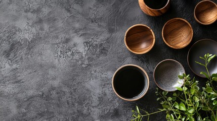 Rustic wooden bowls on a textured surface