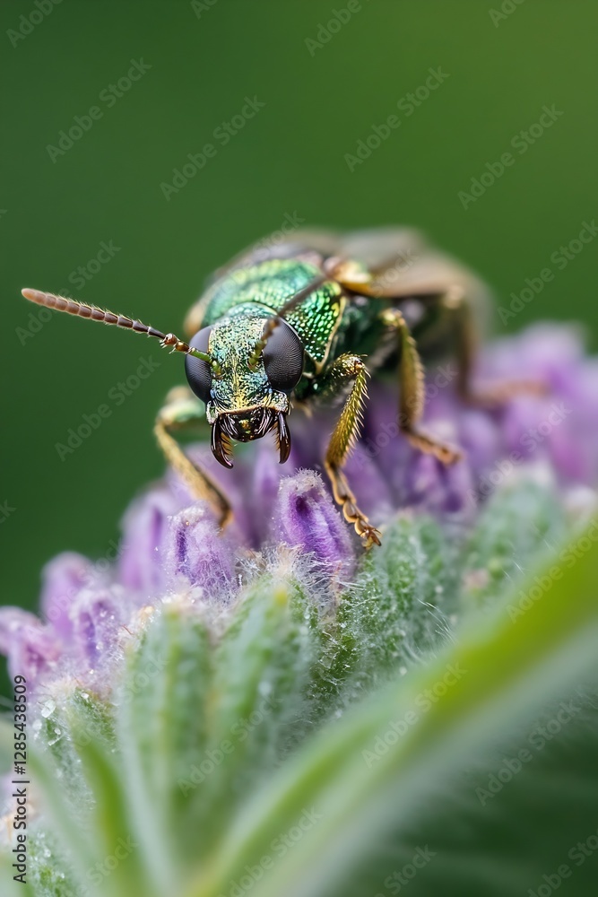 Poster close up of a vibrant green insect on purple flower in natural setting : generative ai