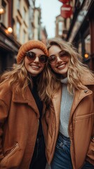 Twin sisters smiling, city street, autumn fashion