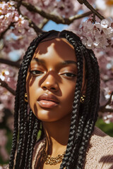 Woman with braided hair standing amid blossoming cherry blossoms, basking in natural sunlight with a serene expression, capturing a moment of beauty and tranquility in a lush outdoor setting.