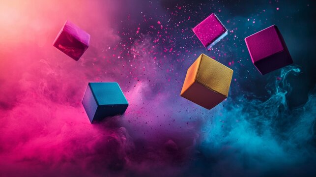 Abstract floating cubes in colorful mist