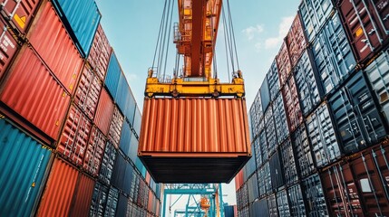 Fototapeta premium Container being lifted at shipping port front view Cargo handling efficiency digital tone Analogous Color Scheme.