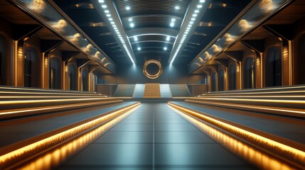 Fototapeta premium A luxurious empty winners podium in a large sports venue, soft lighting accentuating the gold and silver details