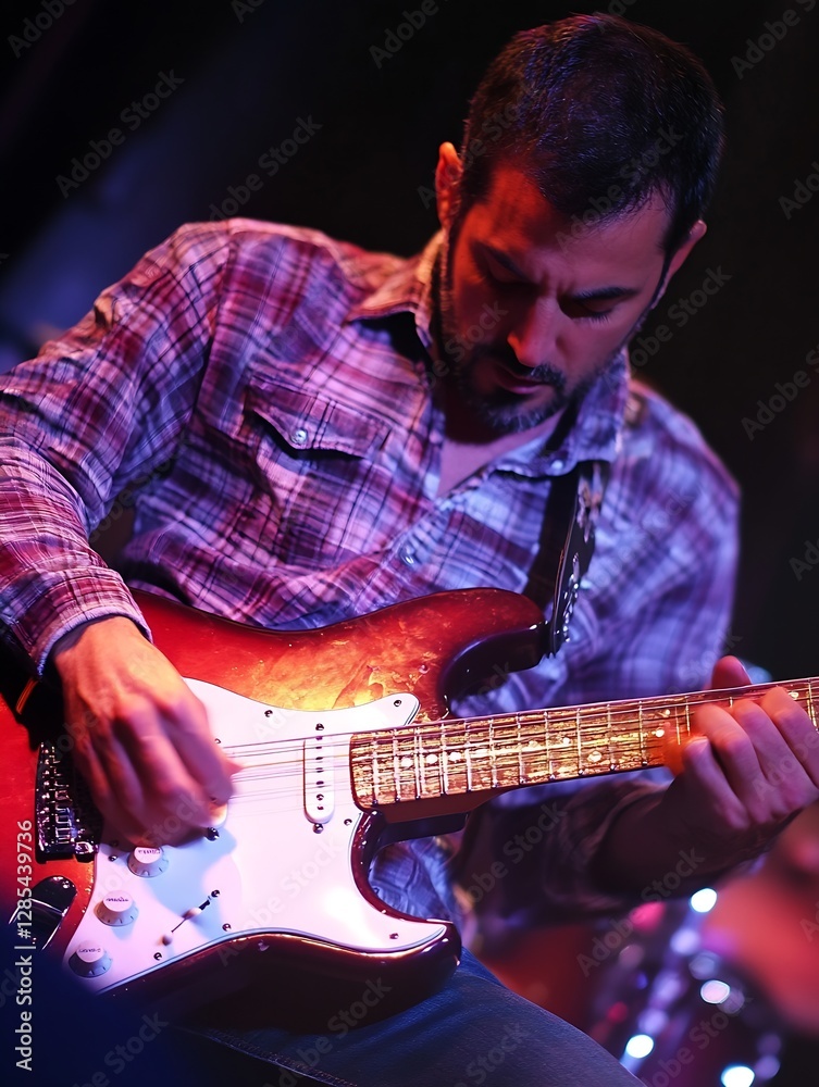 Poster passionate guitarist performing on stage with intense focus and creativity : generative ai