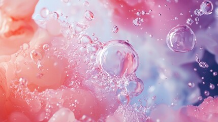Abstract pink and blue bubbles floating in liquid