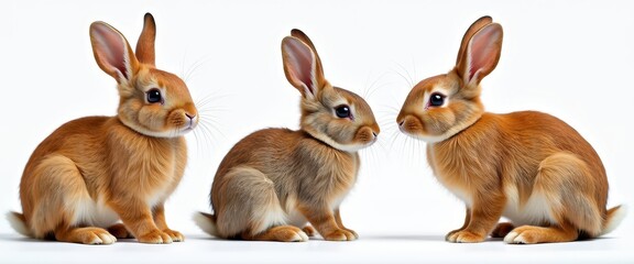 Easter Bunny Scene: Three Realistic Brown and White Rabbits Against a Vibrant White Background. A group of three rabbits sitting next to each other.