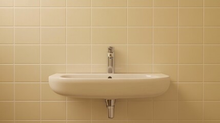Compact bathroom setup with a wall-mounted sink, a simple chrome faucet, and neutral-toned tile backsplash.