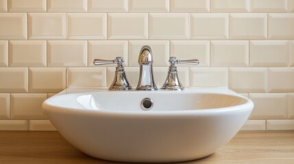Compact bathroom setup with a wall-mounted sink, a simple chrome faucet, and neutral-toned tile backsplash.