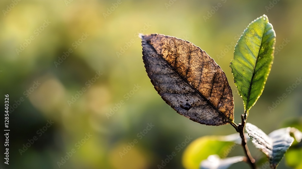 Leinwandbilder close up of dew covered green leaf with light glinting through background bokeh : generative ai