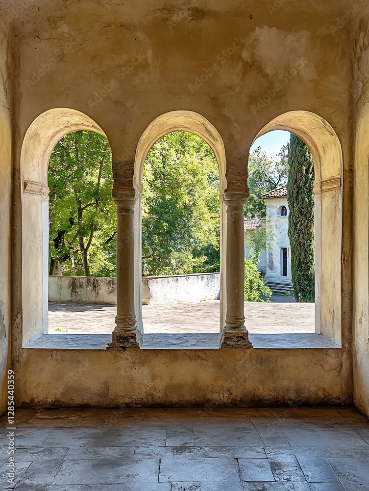 Poster sunny view of arched windows in historic building surrounded by lush green trees : generative ai