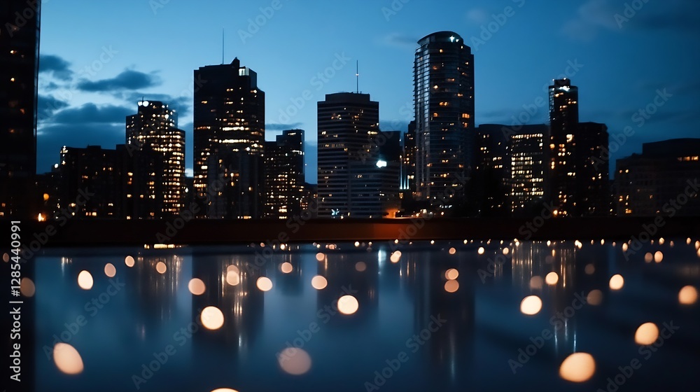 Aufkleber stunning night view of a vibrant cityscape with reflections on water creating an atmospheric scene :