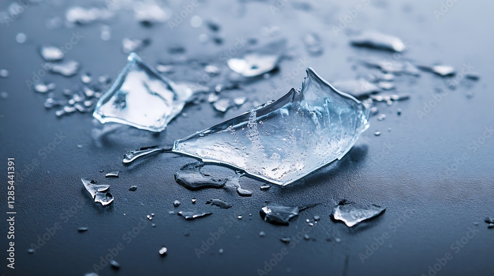 Poster shattered glass pieces on a dark surface with water droplets showcasing fragility and depth : genera