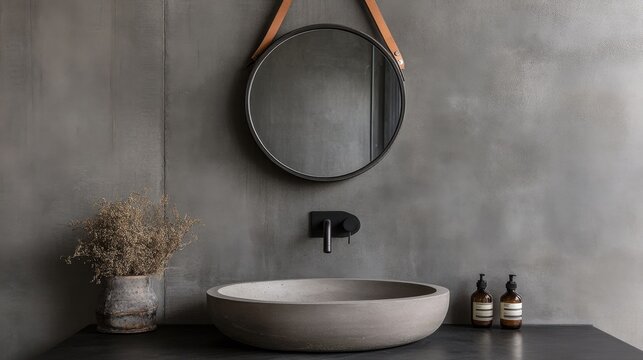 Contemporary bathroom with a unique concrete sink basin, a slimline faucet, and a round mirror hanging by a leather strap.