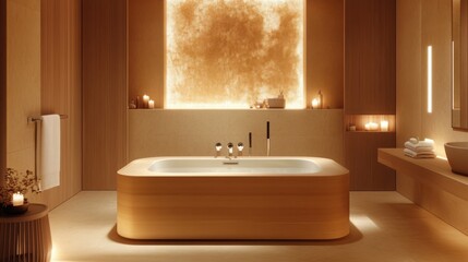 Contemporary bathroom with warm tones, featuring a spacious modern bathtub, light wood finishes, and soft light fixtures to enhance the relaxing space.