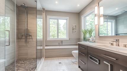 Contemporary design featuring a modern bathroom with a frameless shower, sleek faucets, and a minimalist vanity with stylish details.