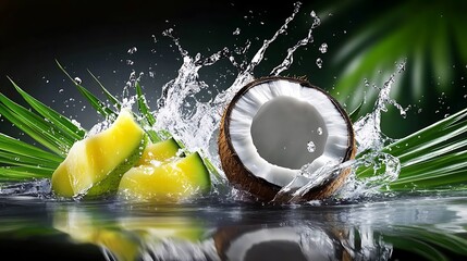 Refreshing mix of fruits splashing in water tropical setting high-quality image vibrant environment