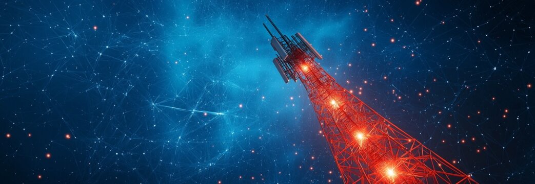 Digital communications tower in abstract form with low poly wireframe antennas