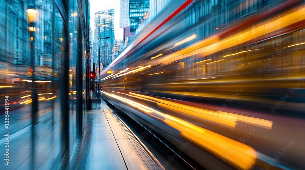 Poster dynamic urban scene with blurry motion of fast moving train in a cityscape : generative ai