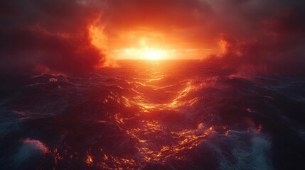 Fototapeta premium Dramatic Ocean Sunset with Fiery Sky and Turbulent Waves in Deep Waters and Glowing Horizon in Dark Atmospheric Background with Abstract Textures