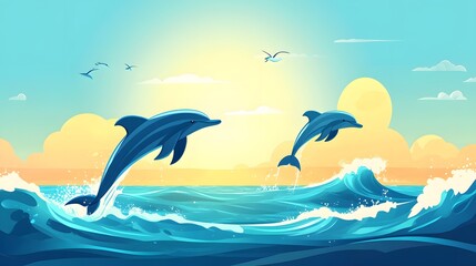 Two dolphins jumping over vibrant ocean waves, bright sun shining in the background, tropical marine life theme, ideal for nature projects.
