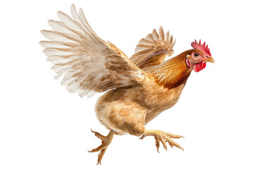 Fototapeta premium The chicken leaped joyfully into the air, its feathers fluffed against the white background.