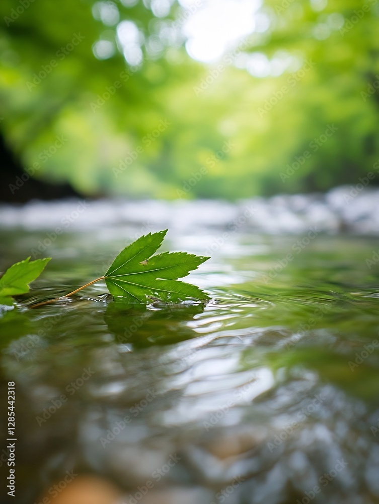 Poster fresh green maple leaves floating on calm water with beautiful nature background : generative ai