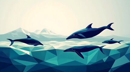 Obraz premium Stylized dolphins swimming through vibrant waves, lively marine scene with geometric shapes and soothing color palette.