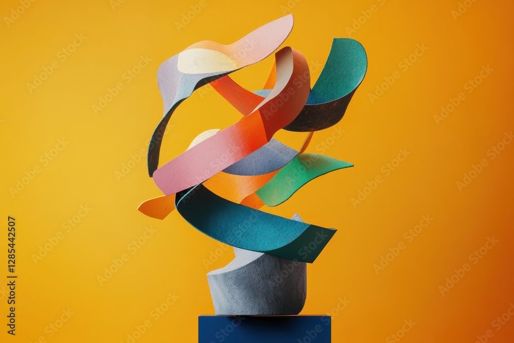 Poster colorful shapes dynamically moving over a sculpture on a bright orange background in a creative disp