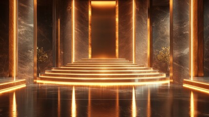 Fototapeta premium A premium empty podium with mirrored gold and silver steps, softly illuminated with ambient lighting in an elegant venue 