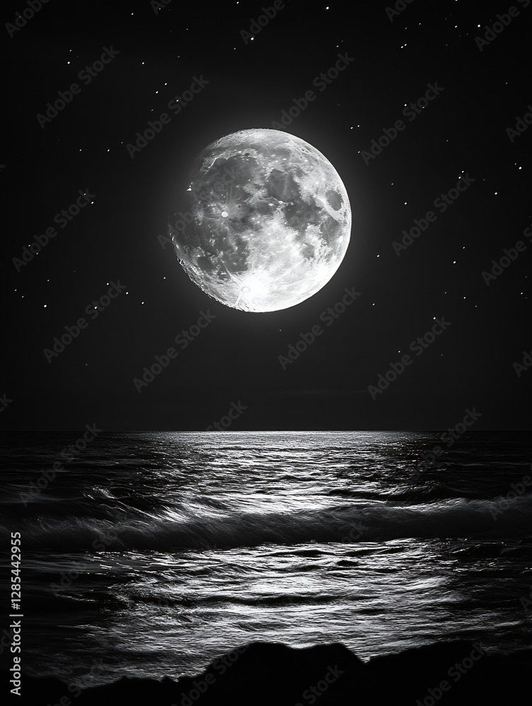 Aufkleber enchanting black and white image of full moon over ocean waves : generative ai