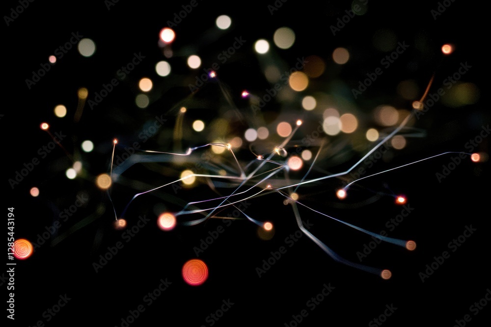 Leinwandbilder Light spots and connections create an ethereal display against a dark background in this mesmerizing visual composition, light spots and network of connections on black background