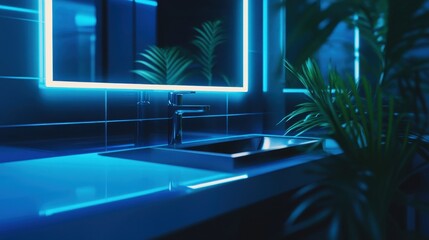 Fototapeta premium Detail shot of a modern vanity with a rectangular sink, a slim faucet, and LED lighting around the mirror.