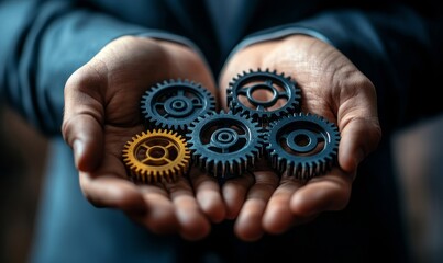 a person holding several gears, suggesting coordination and teamwork, close-up shot