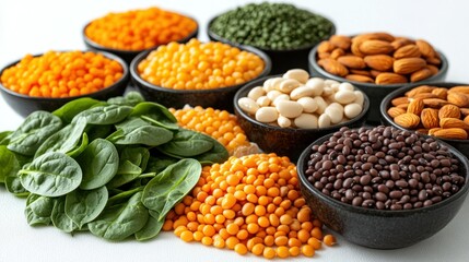 Naklejka premium Assorted legumes and nuts in small bowls, fresh spinach, healthy eating display