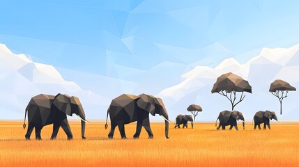 Naklejka premium Elephants walking across savanna, large gentle giants in golden grassland, showcasing wildlife's majesty and harmony.