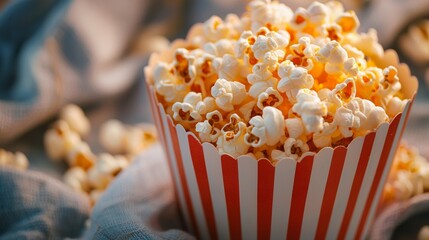 Freshly popped popcorn in a classic striped container