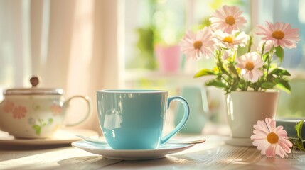 Obraz premium Cozy morning tea setup with pastel cups and flowers