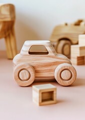 Wooden Toy Car Close-up Composition, Natural Light, Child's Play, Wooden Toys, Playtime Wooden toys, Photography