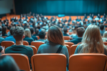 Business people or students are watching a presentation or attend a training or seminar in a lecture hall or auditorium. Conference hall full of people participating in the business training