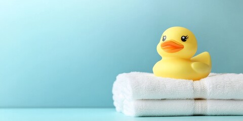 Yellow Rubber Duck on White Towels, Minimalist Bathroom Composition, Pastel Blue Background, Bath Toy Bathtime, Rubber Duck