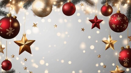 Elegant vector banner with golden stars, red ornaments, and soft lights creating a decorative Christmas garland on a clear transparent background.
