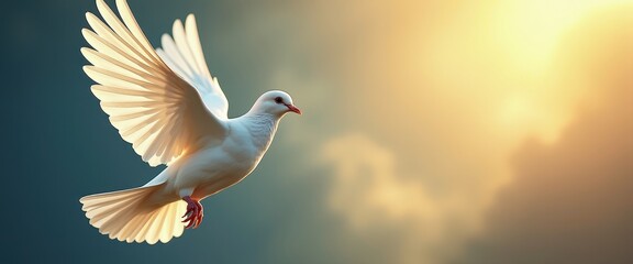 Fototapeta premium White Dove Flying in Golden Sky with Sunlight