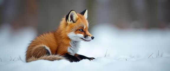 Fototapeta premium Red Fox Lying in White Snow in Winter Forest