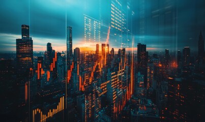 a high angle view of a cityscape, with financial data overlayed on top, concept for finance and investment