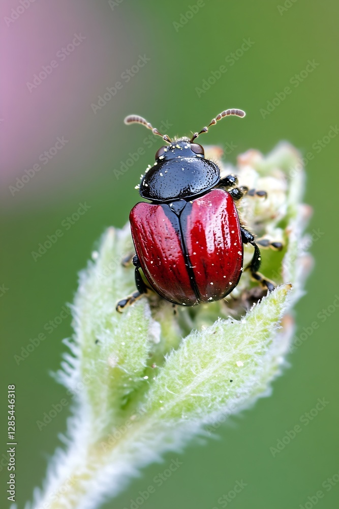 Poster close up of a vibrant red beetle on a green leaf with blurred background : generative ai